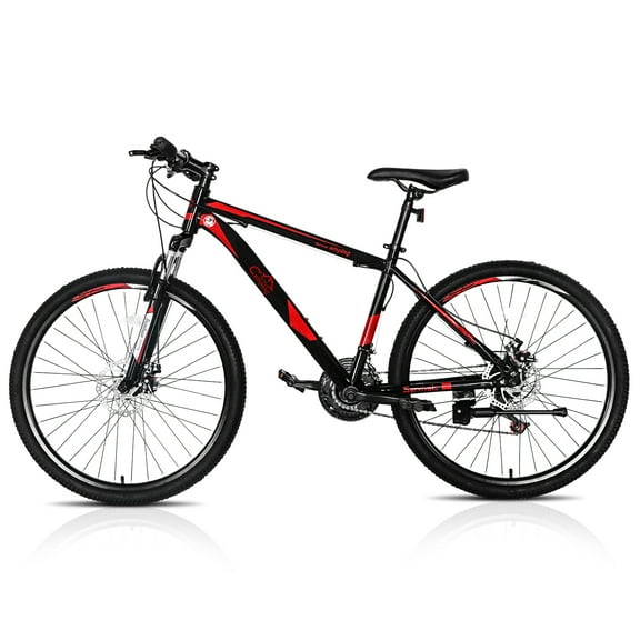 26-Inch 21-Speed Mountain Bike (Red/Black) – Double Disc Brakes, Shock-Absorbing Front Fork, High Carbon Steel Frame, Explorer Series