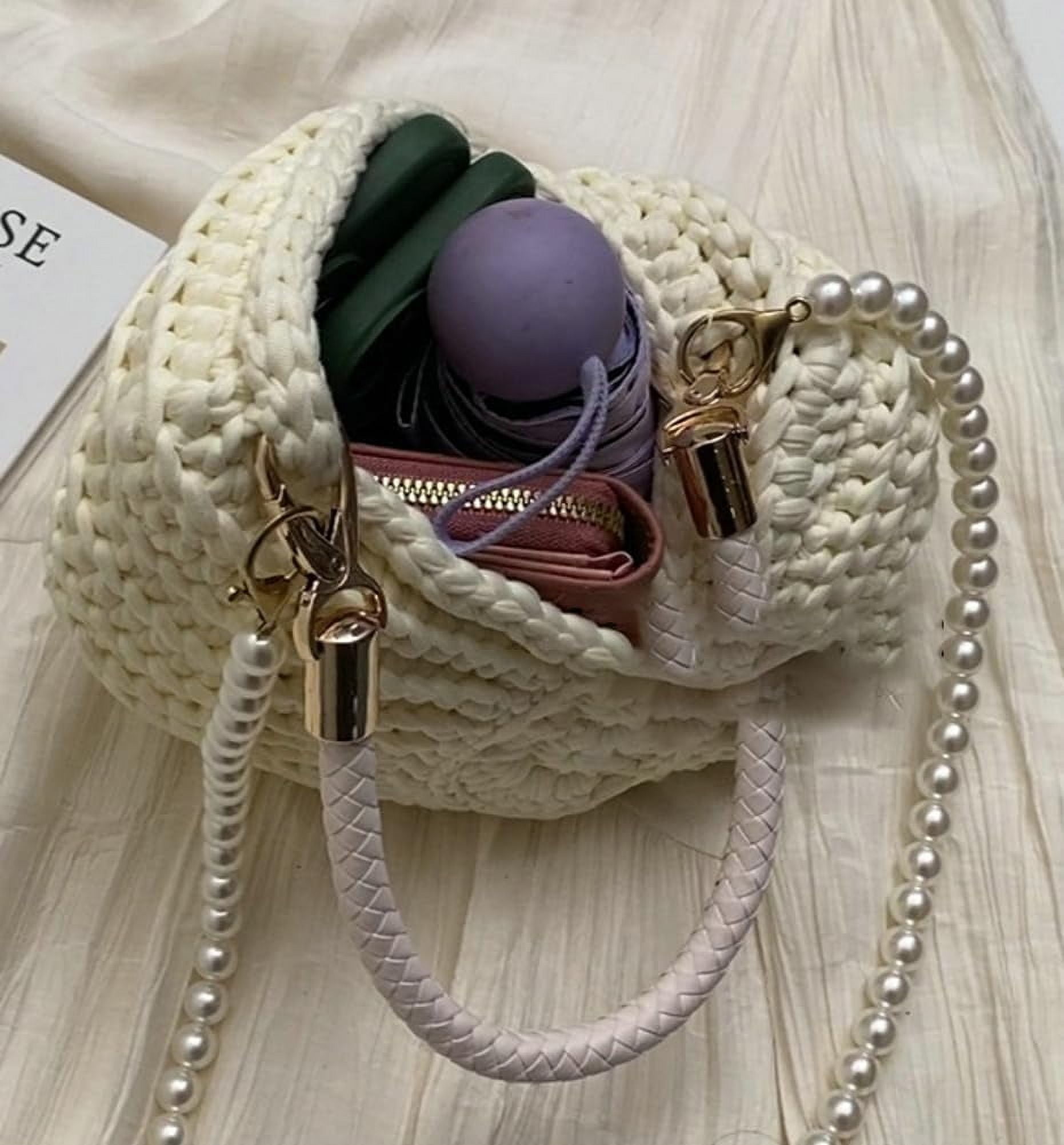 MMYGU Handwoven Seashell Bag for Women Crochet Beach Bag Boho Clutch with Pearl Strap Leather Handle Unique Design 2025