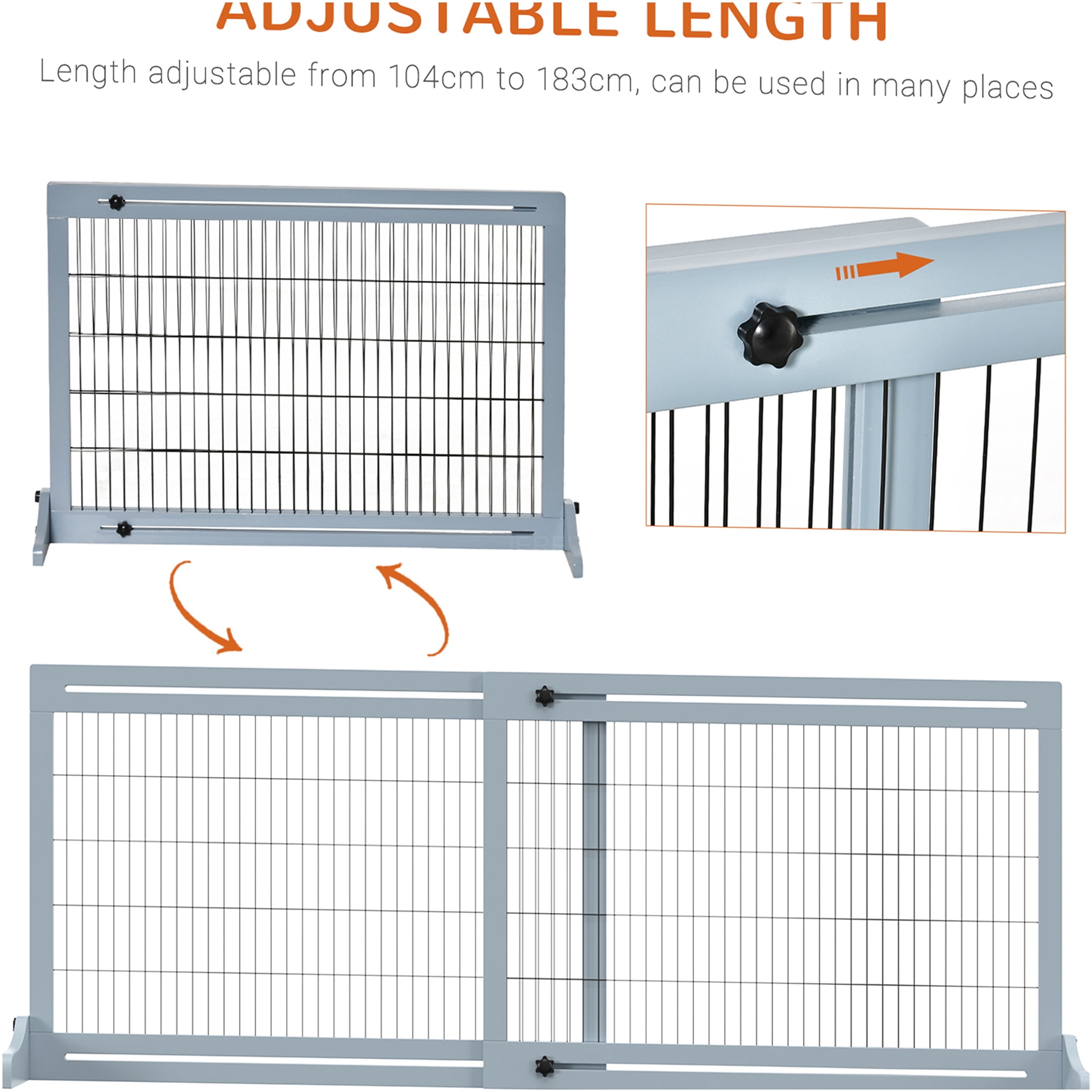 JERFIT 72 Inch Extra Wide Pet Gate for Doorways, Freestanding Dog Gate with Adjustable Width, No Drill Wooden Puppy Fence for Stairs, Hallways, House in Gray