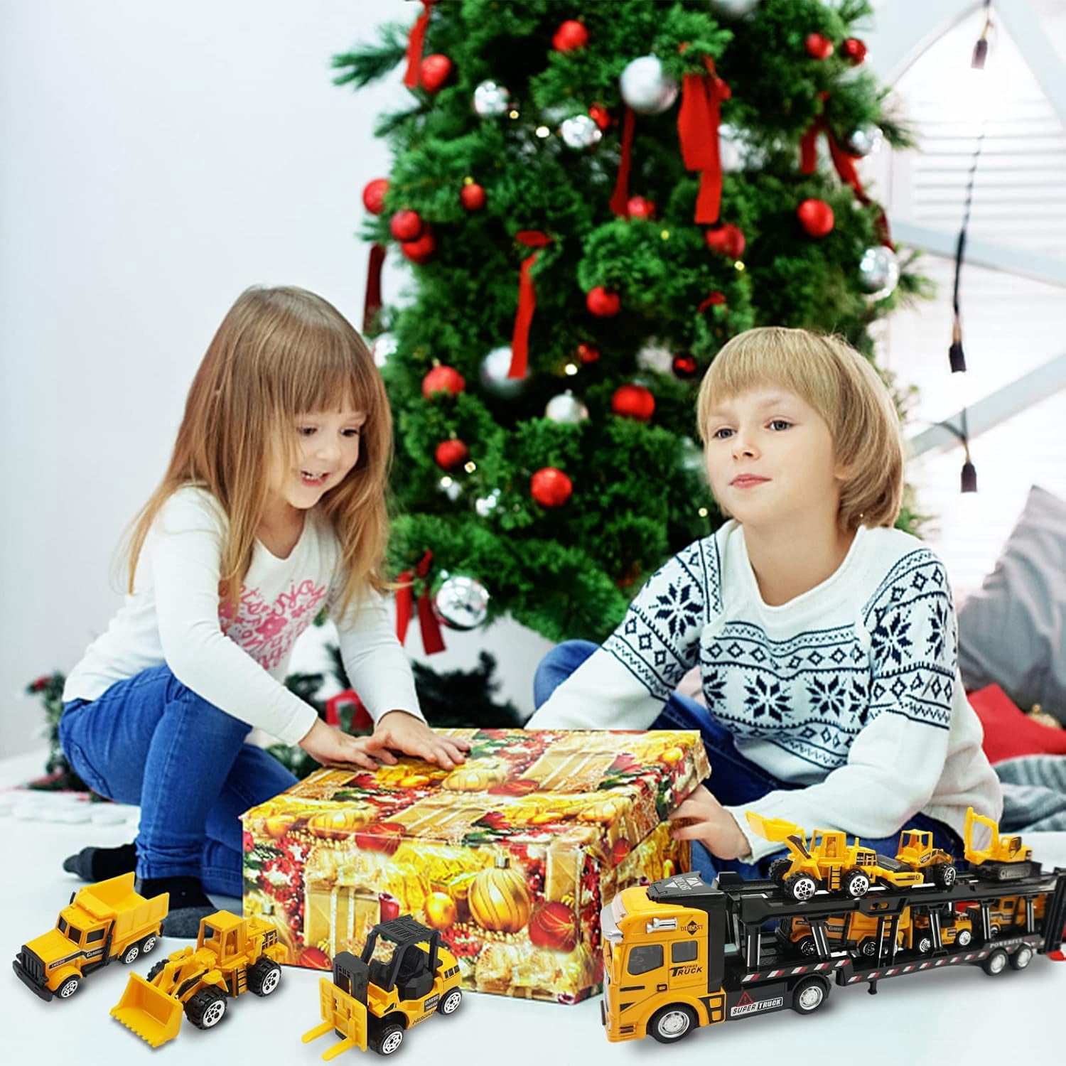 TYMZDYN Construction Truck Toy Die-cast Play Vehicle Set with 6Pcs Mini Crane Mixer Dump Excavator Car