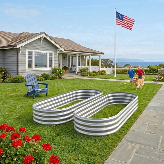 MATSKY 2-Pack Galvanized Raised Garden Bed, 7x3x0.9ft Metal Large Planter Box for Outdoor Vegetables & Flowers, Oval Open-Bottom Garden Kit, Silver