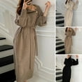 thumbnail image 2 of Autumn Winter Lady Dress Knitted High Collar Neck Protection with Belt Long Lantern Sleeves Ankle Length Button Decor Solid Color Maxi Dress, 2 of 8