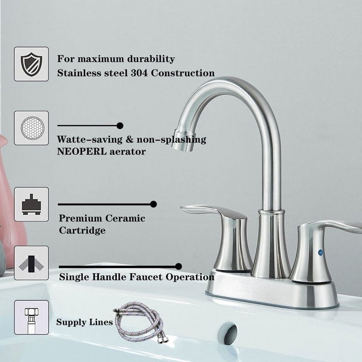 Brushed Nickel Bathroom Sink Faucet 2 Handle 4 Inch Centerset Vanity Mixer Faucet