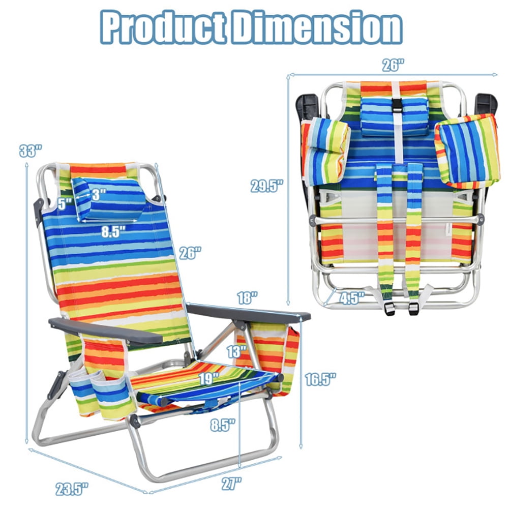 Aimee Lii 2-Pack Folding Backpack Beach Chair 5-Position Outdoor Reclining Chairs with Pillow, Outdoor Patio Furniture, Yellow