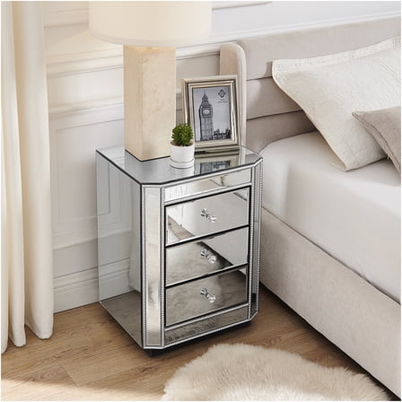 JERFIT 3-Drawer Mirrored Nightstand with Glass Knobs, Silver Modern Bedside Table with Large Storage for Bedroom, Living Room Entryway