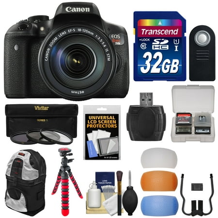 Canon EOS Rebel T6i Wi-Fi Digital SLR Camera & EF-S 18-135mm IS STM Lens with 32GB Card + Backpack + Flex Tripod + Filter + Diffusers + Kit