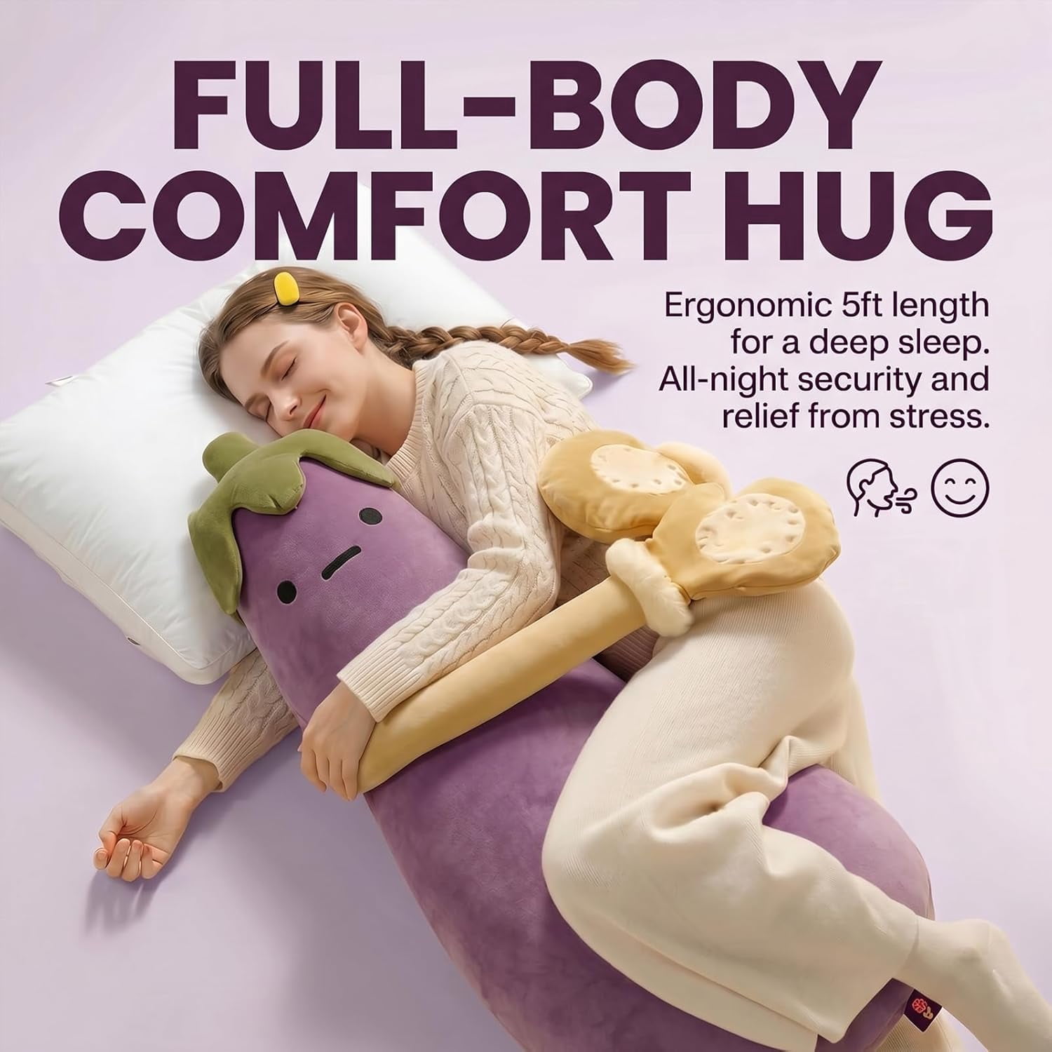Eggplant Mango King Hugging Pillow, Smart Mango Patting Pillow for & Sleep Aid, Patting Pillows with Heating, Partner Plush Comfort Pillows for Side Sleepers (Eggplant, Basic, S 27.56in)