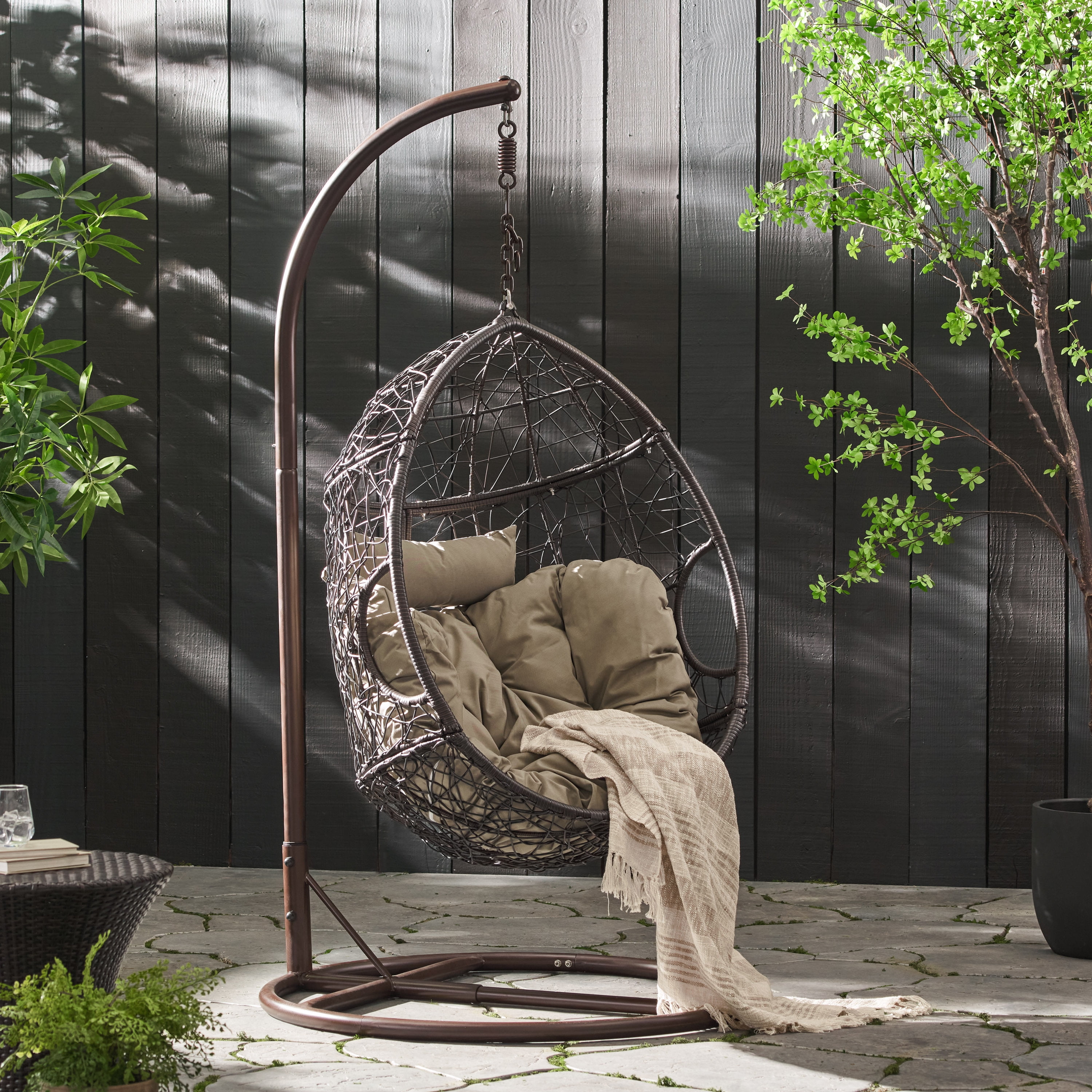 Casey Outdoor Wicker Hanging Basket Chair with Cushions and Iron Base