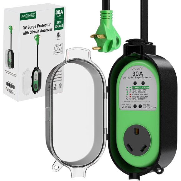 RV Surge Protector 30 Amp, 2100 Joules Surge Protection with Weatherproof Cover, All-in-one Circuit Analyzer with LED Indicator, Designed for RV, Camper, Travel Trailer，ETL Listed