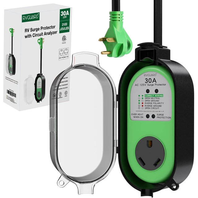 RV Surge Protector 30 Amp, 2100 Joules Surge Protection with Weatherproof Cover, All-in-one Circuit Analyzer with LED Indicator, Designed for RV, Camper, Travel Trailer,ETL Listed