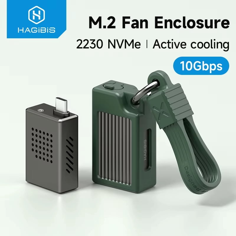 Hagibis 2230 M.2 NVMe SSD Enclosure with Cooling Fan for iPhone 17 16 15 Pro/Pro Max ProRes, USB 3.2 Gen 2 10Gbps to NVMe PCI-E External M.2 SSD Case for MacBook Laptop iPad Android