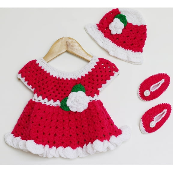 Woonie Handmade Woolen Frock Set With Cap & Booties-Pink