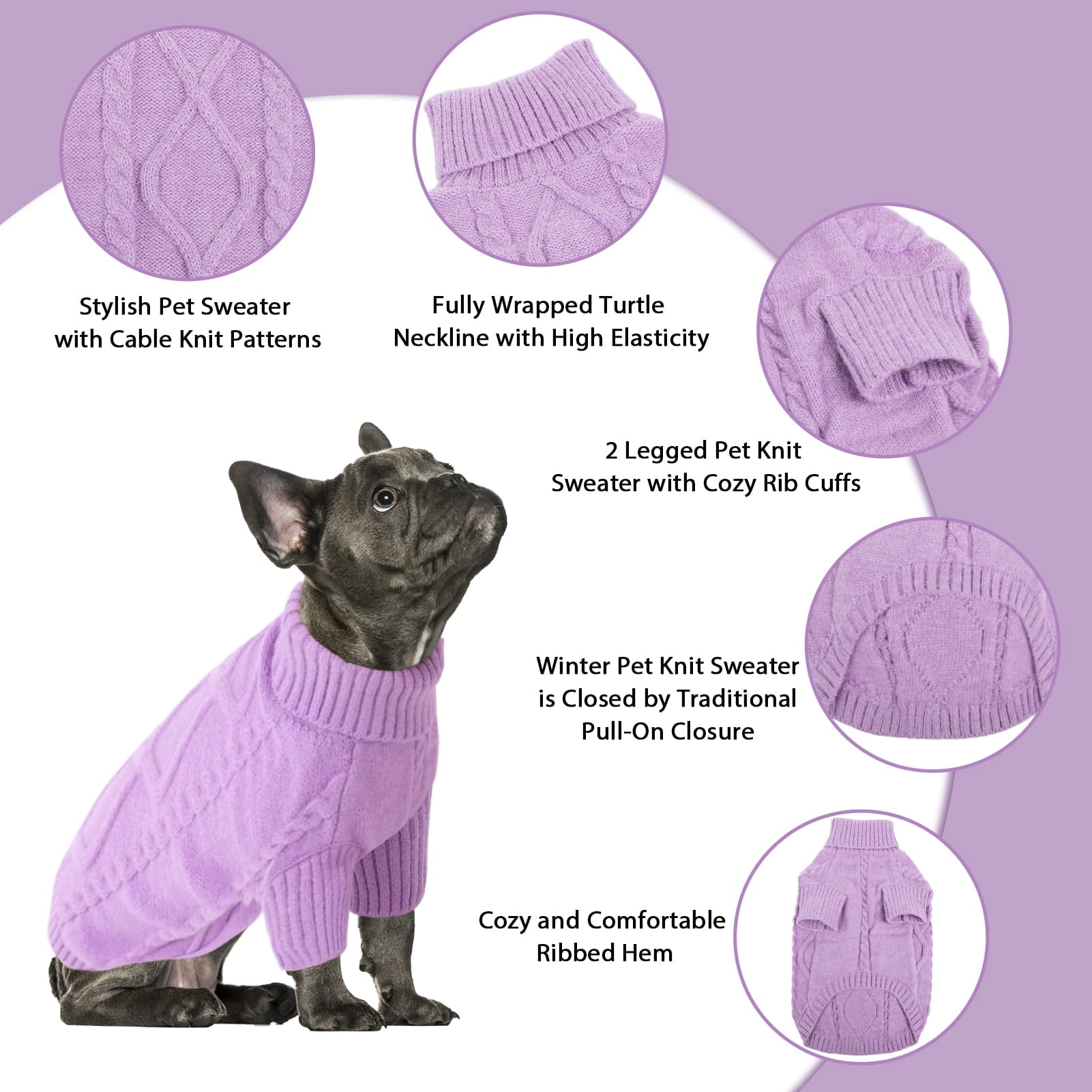 PayUSD Small Dog Pullover Sweater, Cold Weather Cable Knitwear, Classic Turtleneck Thick Warm Clothes for Chihuahua, Bulldog, Dachshund, Pug, Yorkie