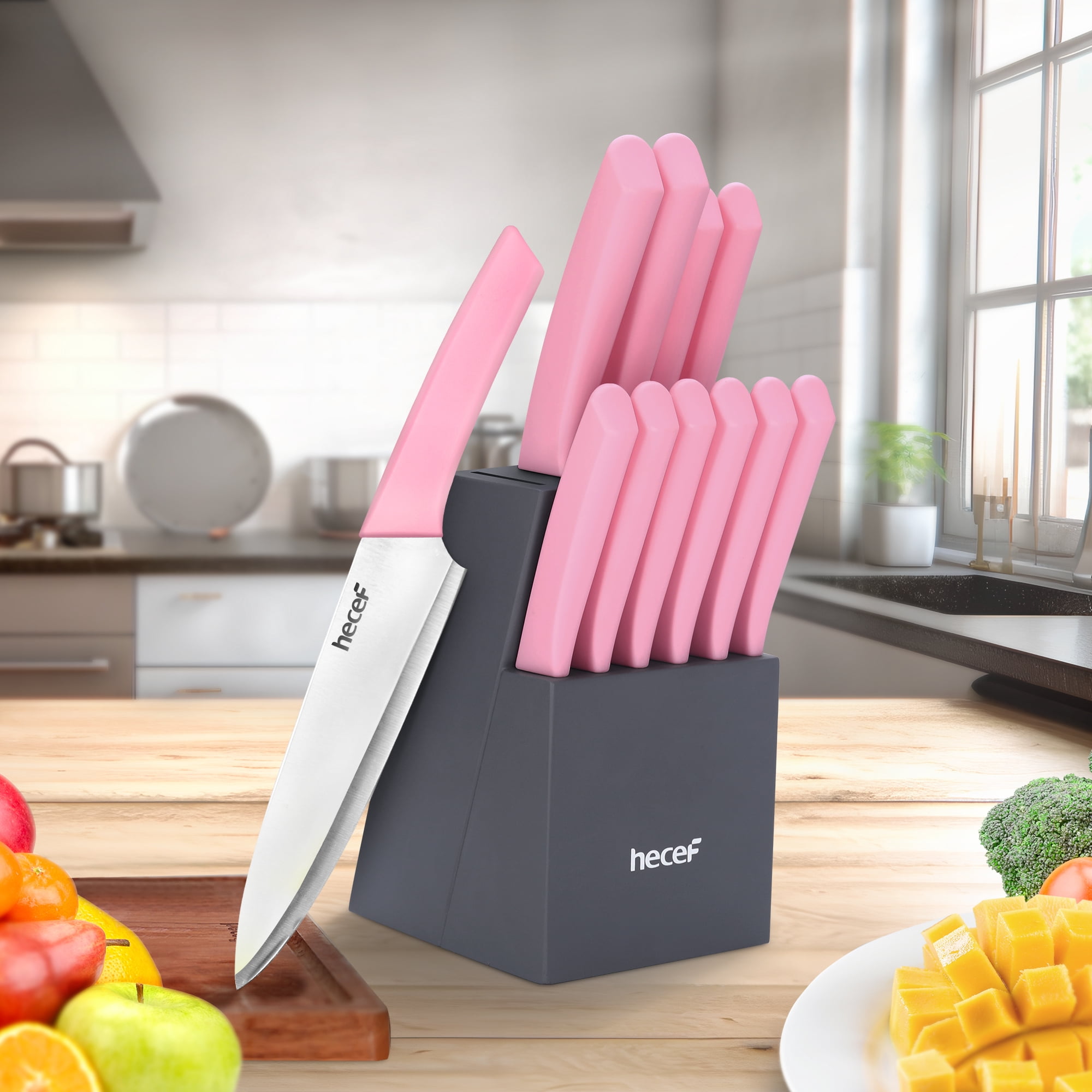 Hecef 12-Piece Stainless Steel Kitchen Knife Block Set with Steak Knives