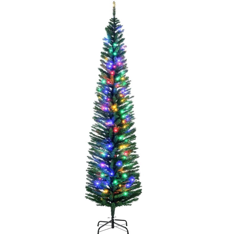 7ft Prelit Pencil Christmas Tree 499 Tips 180 Colorful LED Lights Flame Retardant Indoor Holiday Decor