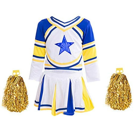Girls Cheerleader Costume Uniform Blue Star Cheerleading Outfit Match Pom Poms