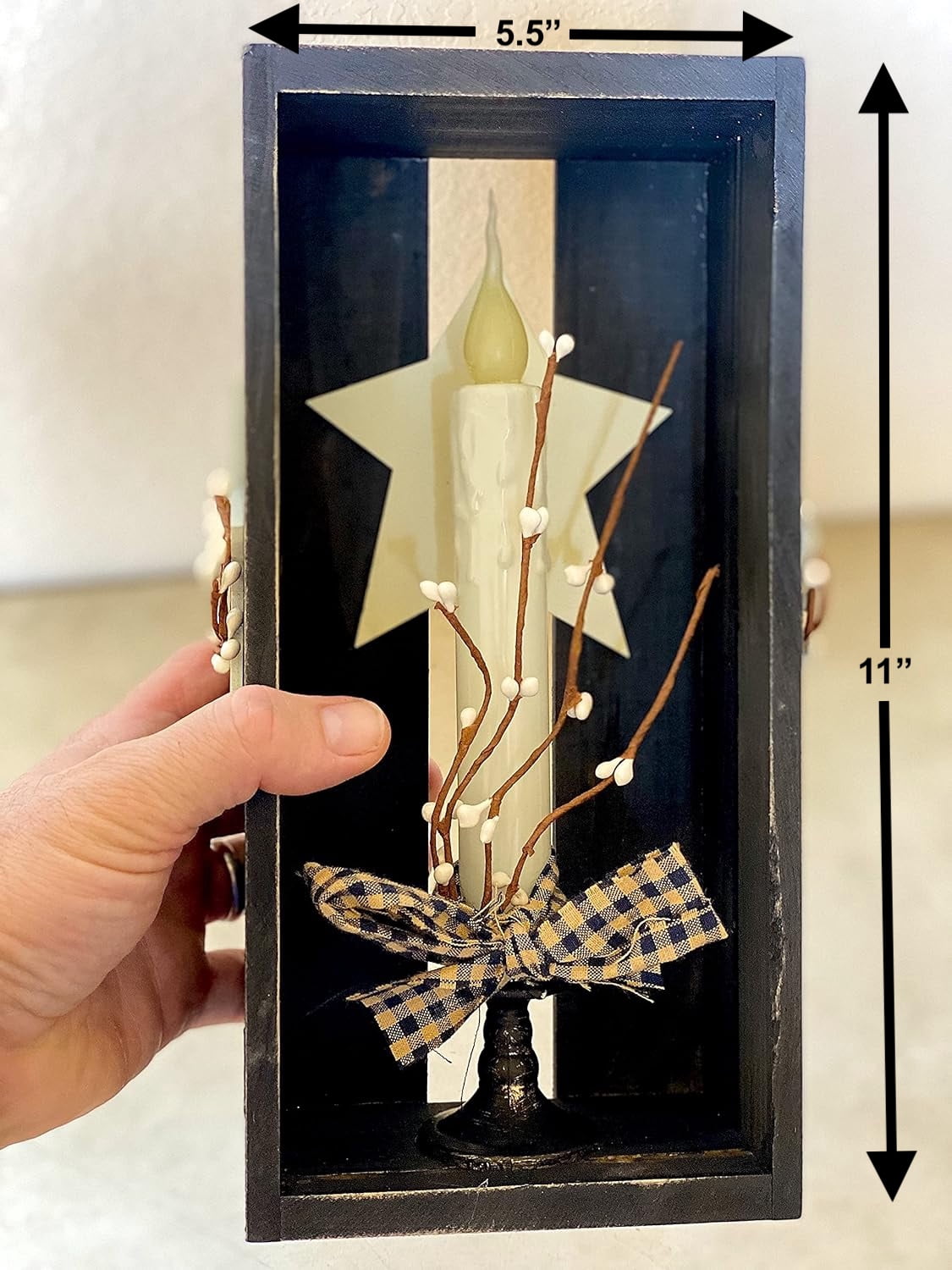 Flameless LED Candle In Wooden Box Rustic Christmas Decoration W Stars & Berries Battery-Operated Flickering Light Tabletop Window, Fireplace Mantle 11”H  x 5.5” L