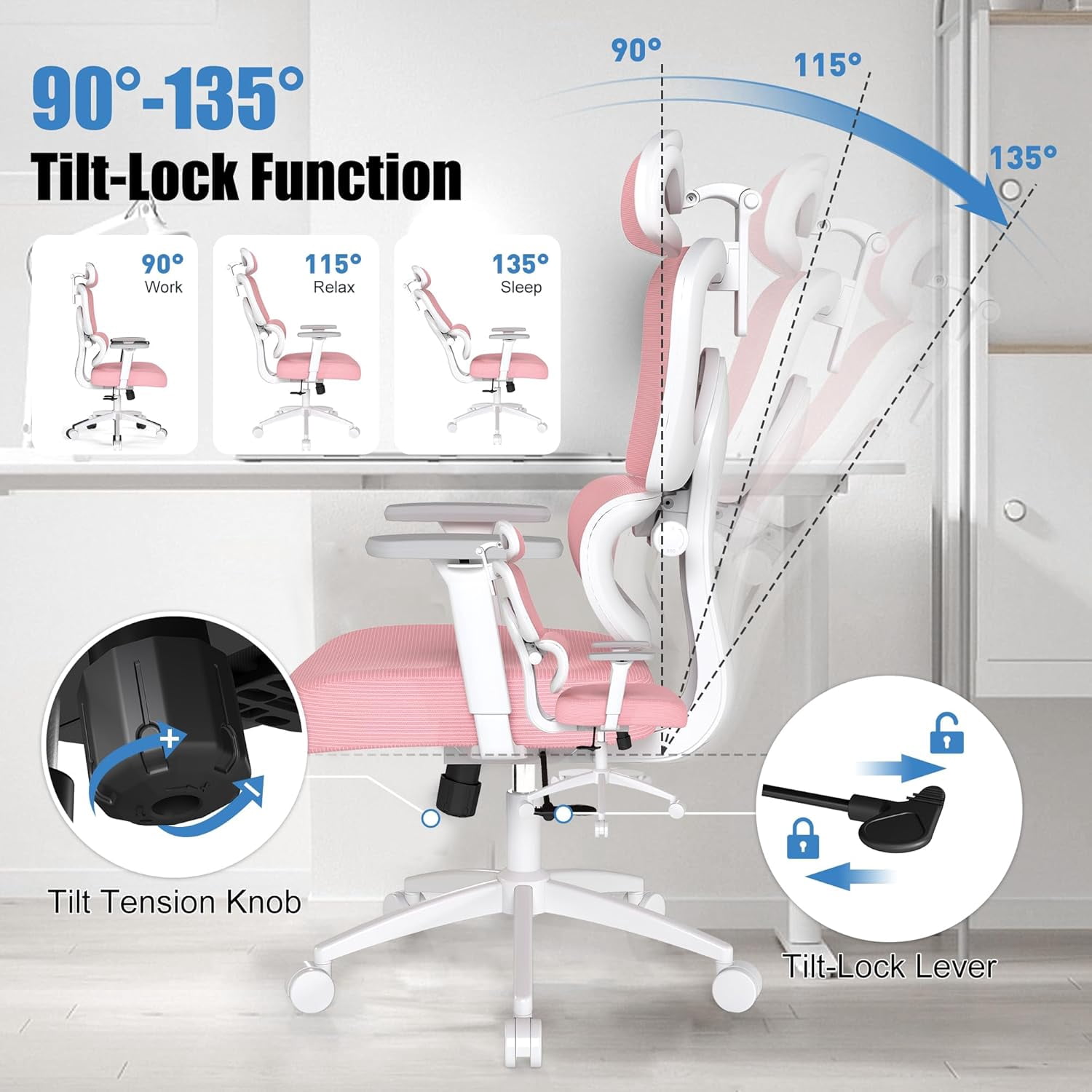 Office Chair Ergonomic Desk Chair, High Back Gaming Chair, Reclining Comfy Home Office Chair Lumbar Support Breathable Mesh Computer Chair Adjustable Armrests Pink