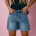 thumbnail image 2 of Women's Slim Fit Solid Color Denim Shorts Mid-Thigh Length, Stretch Fabric for Comfort, Distressed Hem Casual Streetwear,Dark Blue XL, 2 of 5