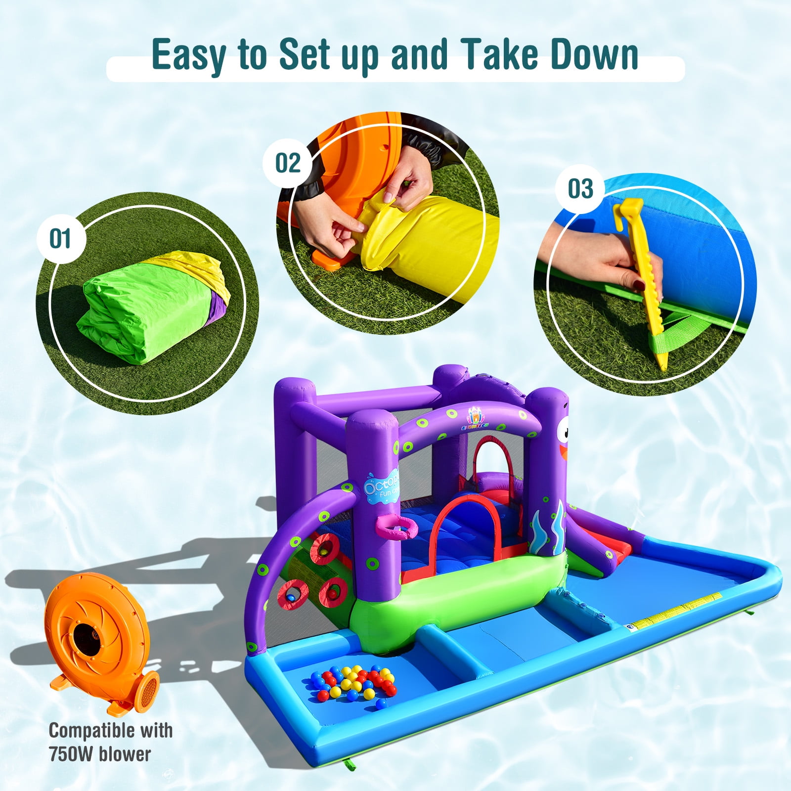 Infans Inflatable Water Slide Castle Kids Bounce House w/ Octopus Style & 750W Blower