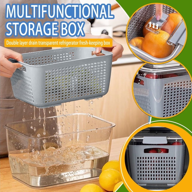 Xihbxyly Recipientes para Almacenar Frutas y Verduras, Tapa Hermética Antigoteo, Colador Extraíble, Conservación de Frescura, Organización En El Refrigerador, Diseño Compacto, Juego 3 En 1, Tamaños d