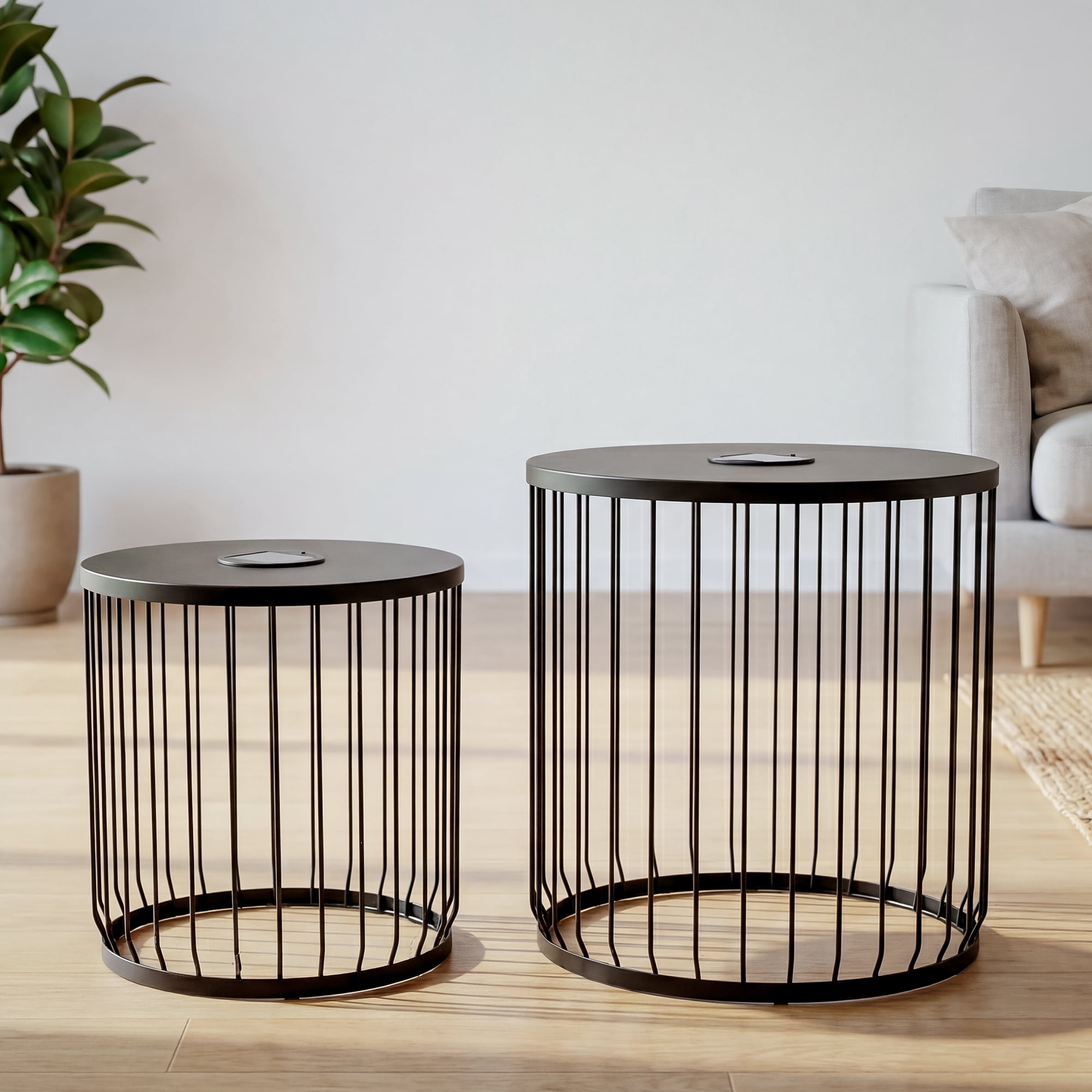 2Pack Solar Powered Nesting Side Table Set, Modern Round End Tables with Solar LED Lights, Metal Wire Cage Accent Tables, Indoor/Outdoor Patio Nightstand for Living Room, Balcony, Garden