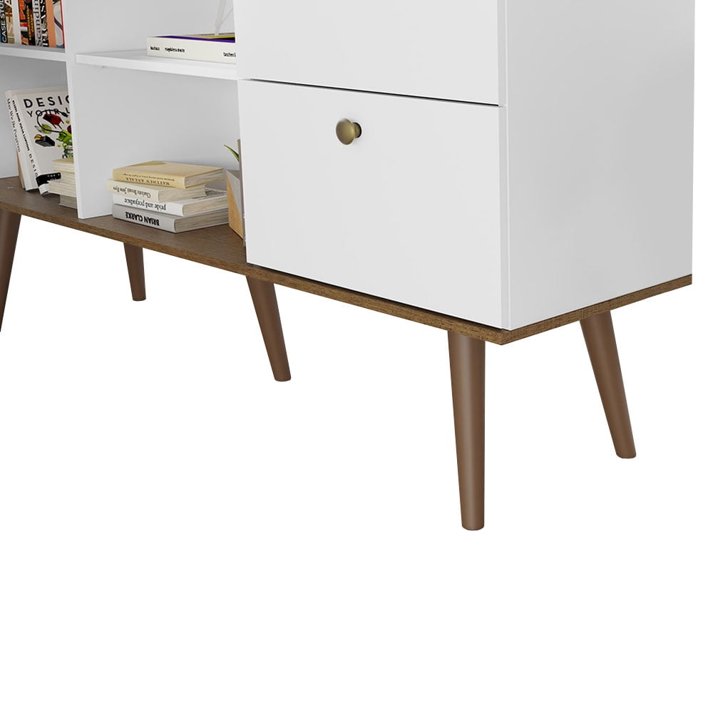 Madesa Modern L Shaped Desk 59 Inch with 2 Drawers and 4 Storage Shelves Home Office Corner Study Table Unit for Kids and Adults - White/Brown