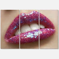 Designart ' Girl Lips Pink Lipstick and Sequins ' Modern Canvas Wall Art Print