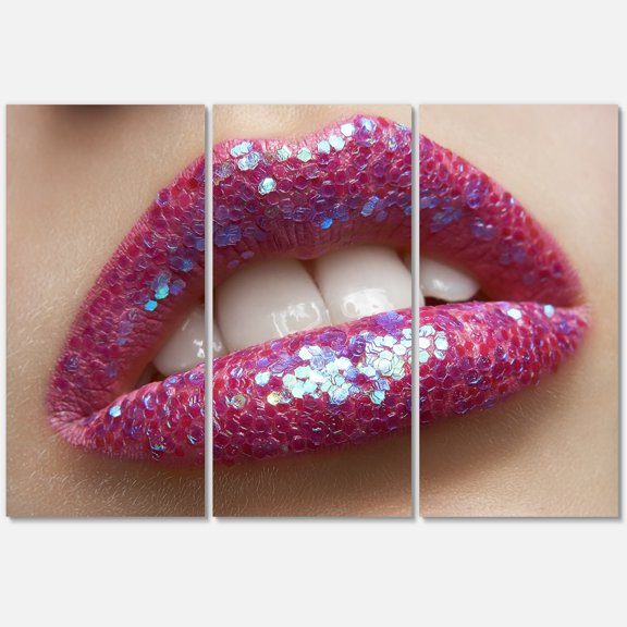 Designart ' Girl Lips Pink Lipstick and Sequins ' Modern Canvas Wall Art Print