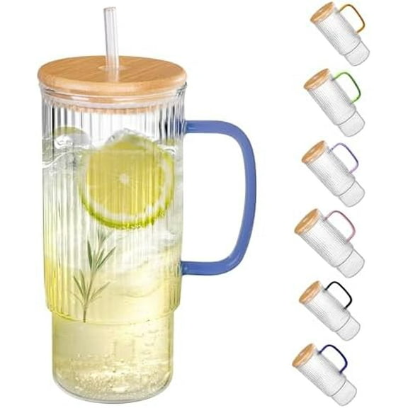 32oz Ribbed Glass Cup with Handle Bamboo Lid and Straw, Glass Tumbler, Iced Coffee Cups Hot/Cold Drinks (Azure Handle)