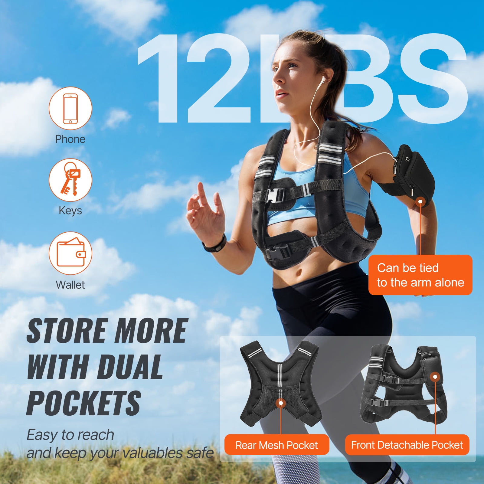 KFFKFF Weighted Vest, 12-Pound Adjustable Fitness Vest with Visibility Stripe, Secure Buckle System for Both Men and Women, Ideal for Endurance Training, Running, and Exercise