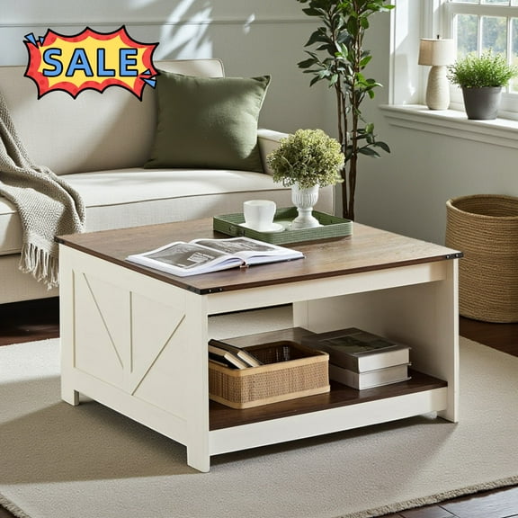 Tcbosik 2-Tier Farmhouse Coffee Table, 31.5 inch Square Cocktail Table with Open Shelf, Center Table for Living Room, Bedroom, Walnut