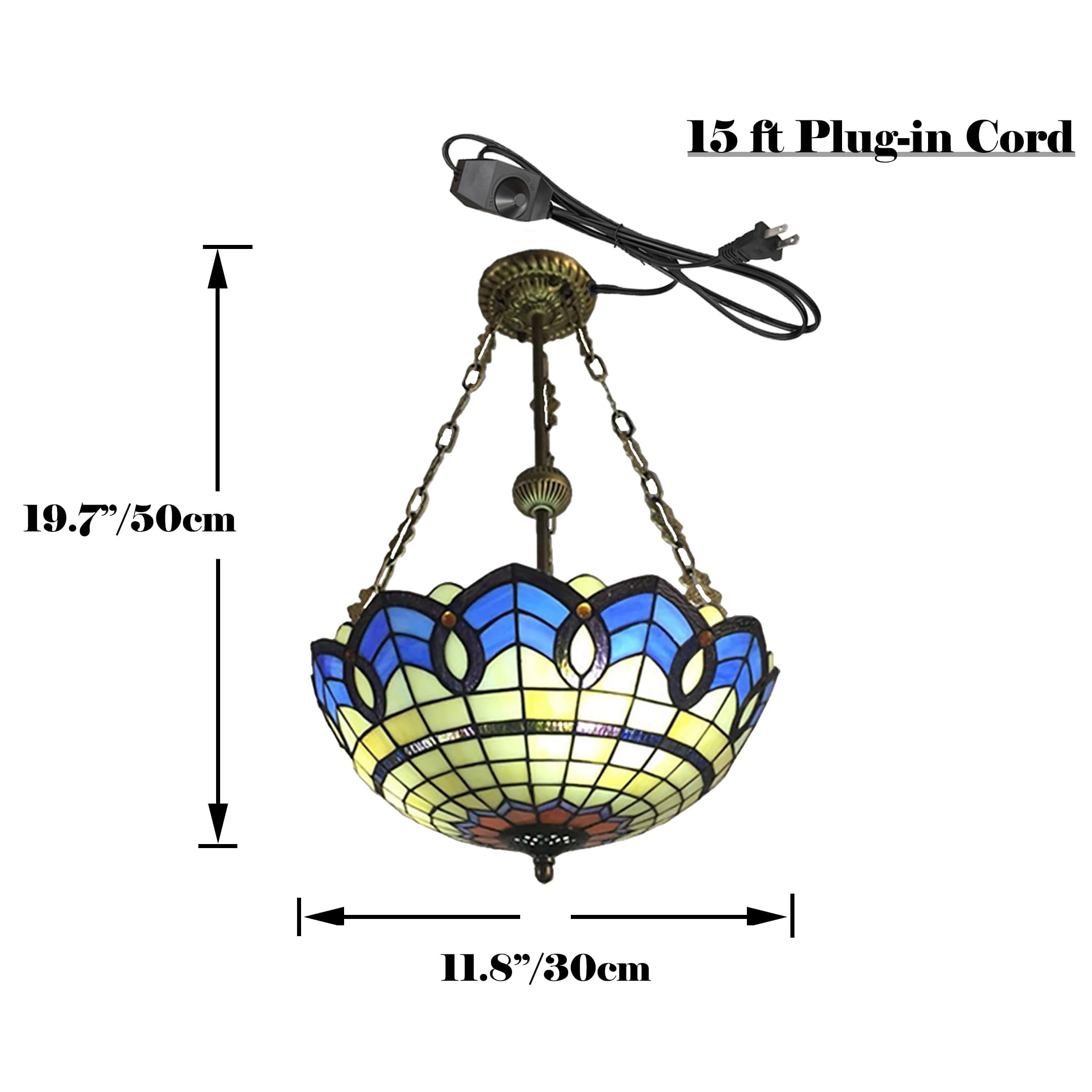 Kiven 11.8in Flush Mount Ceiling Light Fixture Dimmable, 3-Light Anti Glare Close to Ceiling Light with 15FT Plug-in Cord, Tiffany-Style Glass Chandelier for Bedroom Kitchen Hallway(No.3227)