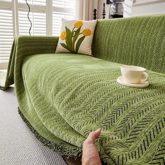 XmhyTop 1 Piece 51"×71" Dark Green Herringbone Pattern Chenille Sofa Cover, All Season Stain-Resistant Pet Hair-Repellent Couch Cover for Sofa Protection
