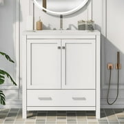 30 Bathroom Vanity with Single Sink, Combo Cabinet Undermount Sink, Bathroom Storage Cabinet with 2 Doors and a Drawer, Soft Closing, Multifunctional Storage, Solid Wood Frame, White