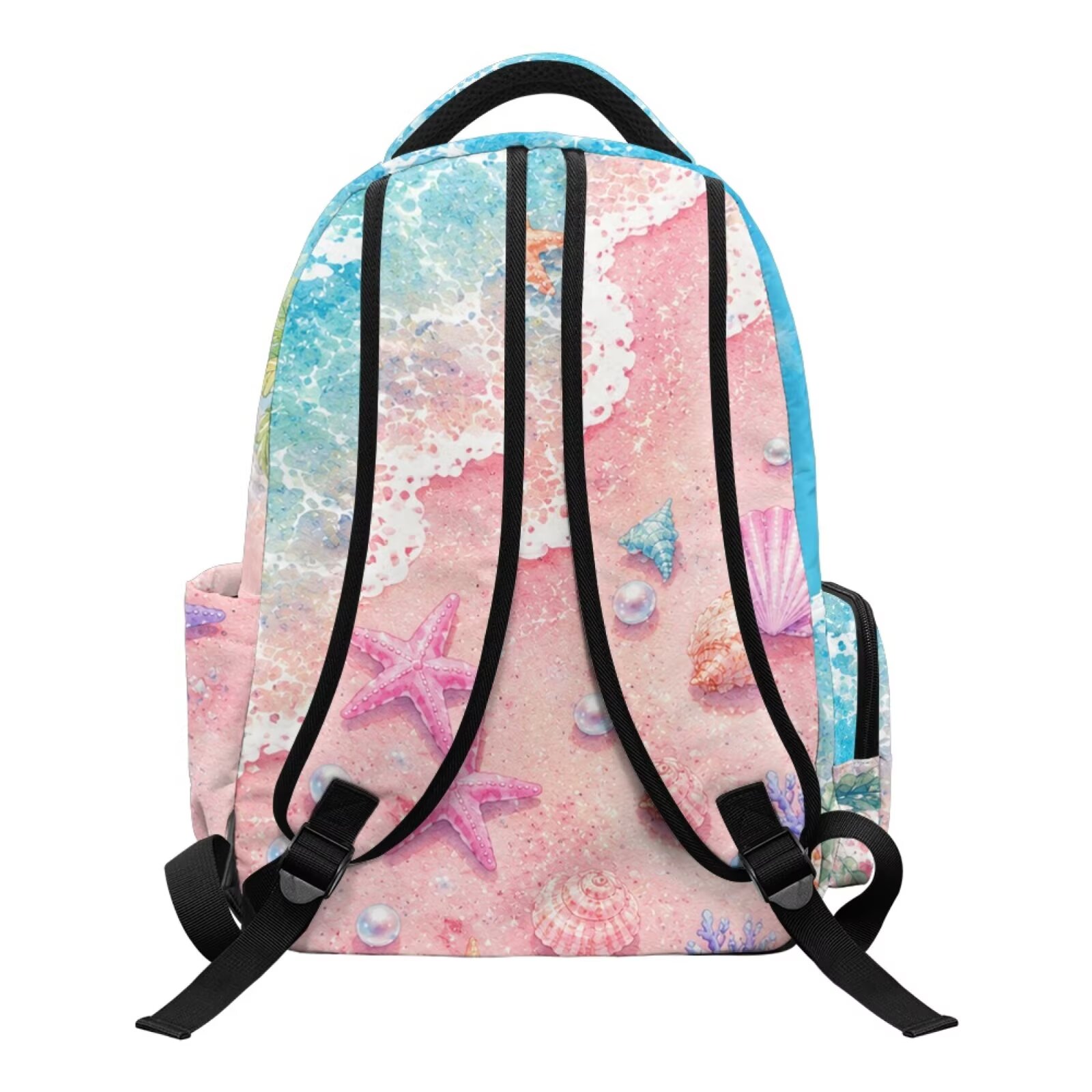 Mochila escolar de 17 pulgadas para niñas de primaria, con estampado de estrellas de mar y conchas, ligera para viajes 2