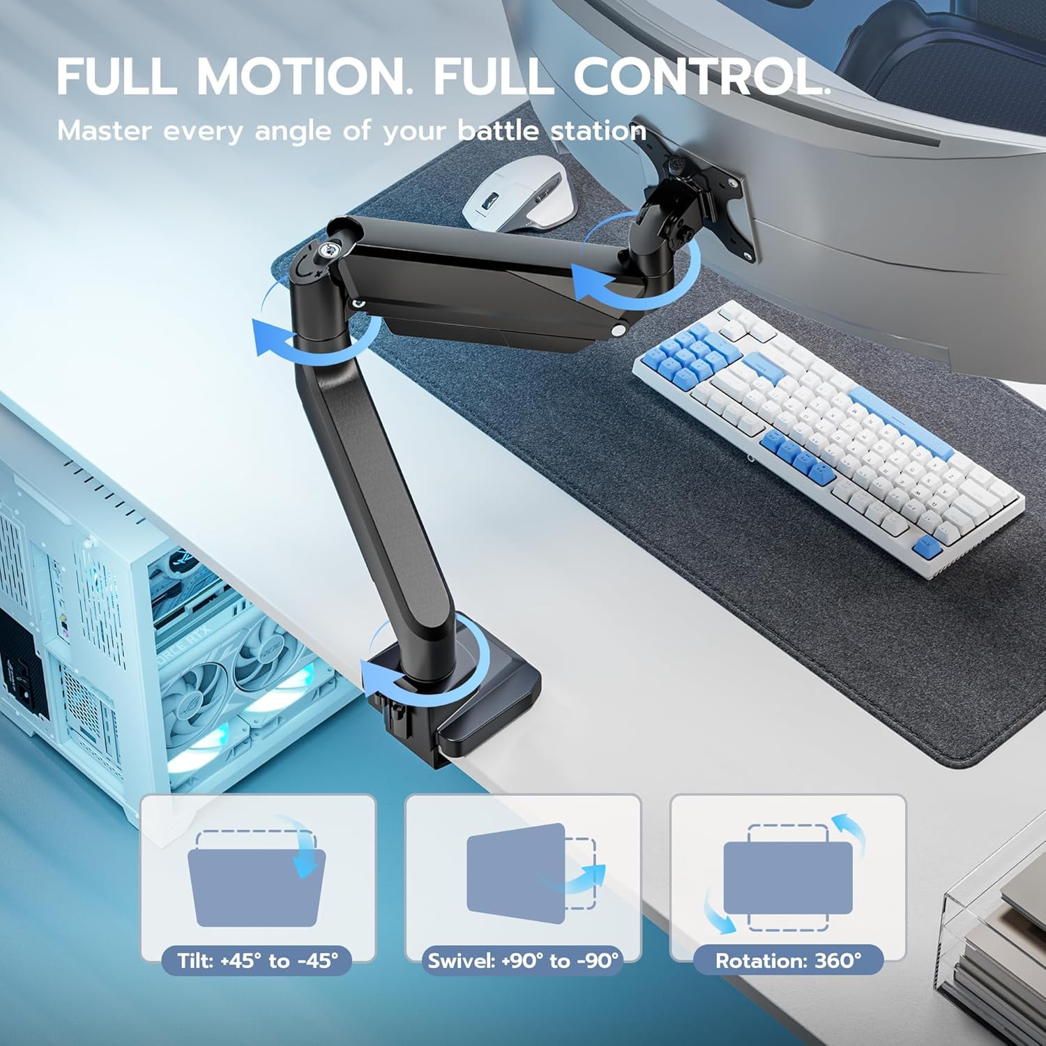 ARES WING Single Monitor Arm with USB, Heavy Duty Adjustable Monitor Arm for 13"-49" Screens, Gas Spring Monitor Arm Desk Mount with Clamp & Grommet Base Holds up to 40 lb, VESA 75x75 100x100, Black