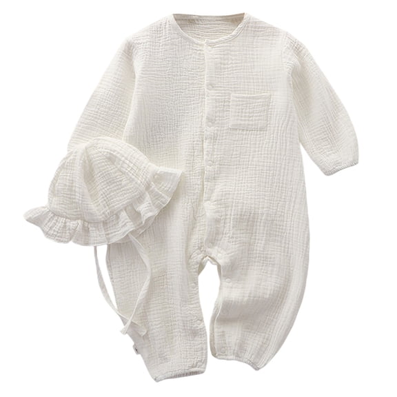 Ruyang Baby 2 Piece Outfits Cotton Linen Button-down Long Sleeve Bodysuits and Hat Summer Toddlers Casual Crawling Clothes