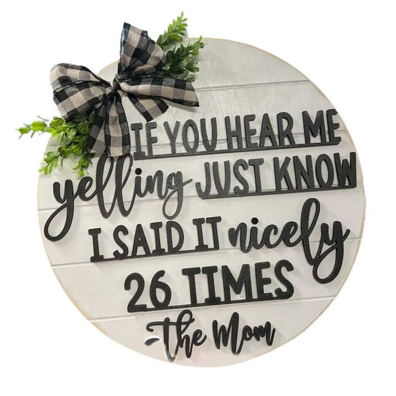 3D Funny Door Hanger Welcome Sign Round Shape Wall Plaque with Plaid Print Bowknot Ribbon for Front Door Farmhouse Home Party Flat