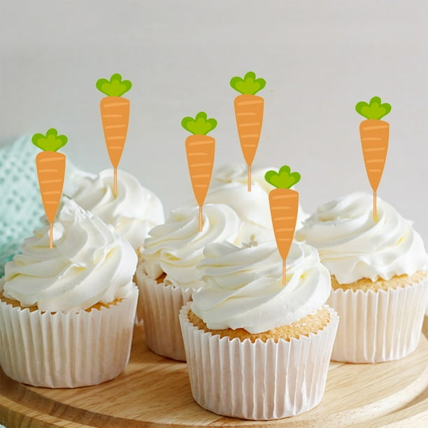 Decoraciones de Pascua, adornos de Pascua, regalos de Pascua, 12 tarjetas para tarta de cumpleaños, tarjeta para tarta de zanahoria enchufable para fiesta de Pascua, insertos desechables para tarta de