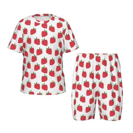 Luyuia Cartoon Strawberry Print Girls  2-Piece Tie-Dye Pajama Set  Cute Summer Loungewear with Shirt and Tank Shorts Nightwear-Medium