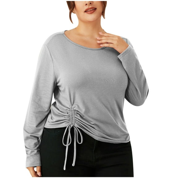 STETMN Women's Plus Size Tops Loose Drawstring Pleated T-Shirt Casual Long Sleeve Fall Shirts