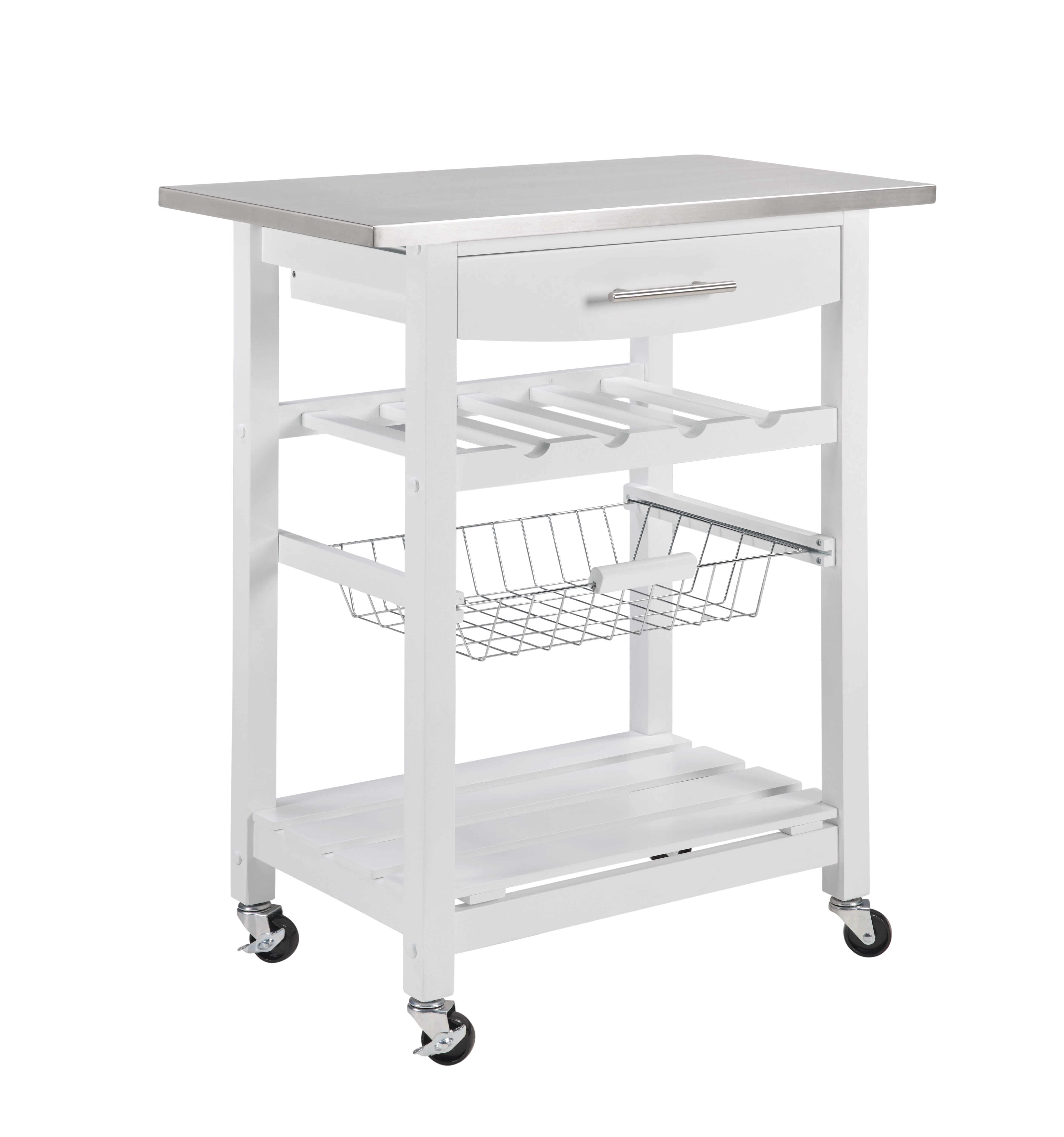 MAYEERTY Mobile Rolling Kitchen Island with Stainless Steel Work Surface, Drawer & Storage Basket