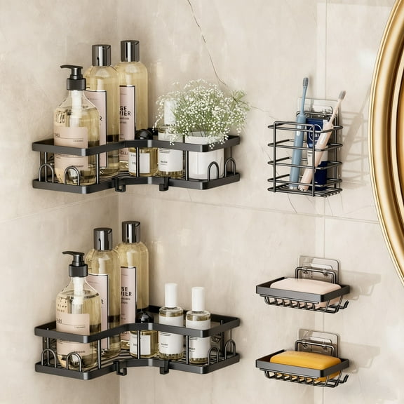 Couradric 5-Piece Corner Shower Caddy Set -Includes Corner Shelf, Soap Holder, Toothbrush Holder, Strong Load-Bearing Without Drilling