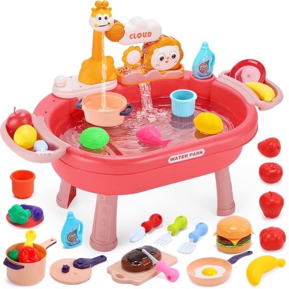 HOLYFUN Running Water Play Kitchen Sink Toy, Water Table with Functional Faucet, Play Food & Pots Pans Accessories, Pretend Play Gift for Toddlers Kids (Pink)