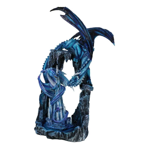 20"H Large Blue Frozen Dragon On Arch With Wyrmling By Ice Stalagmite Statue