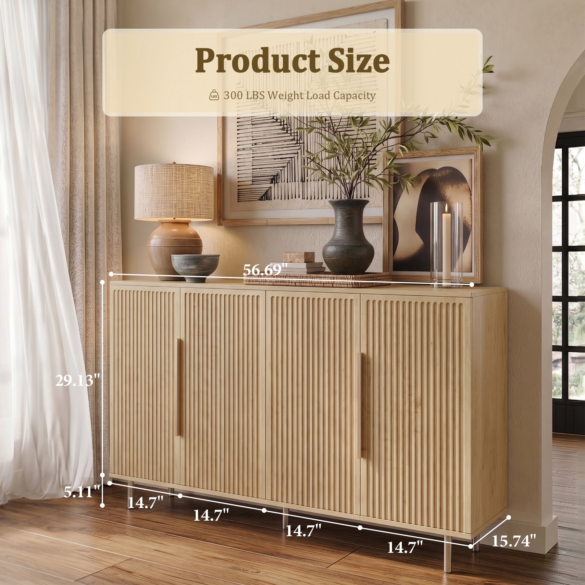 Aukfa 56.7" Modern Sideboard Buffet Cabinet with Adjustable Shelves, Accent Credenza Organizer,Natural