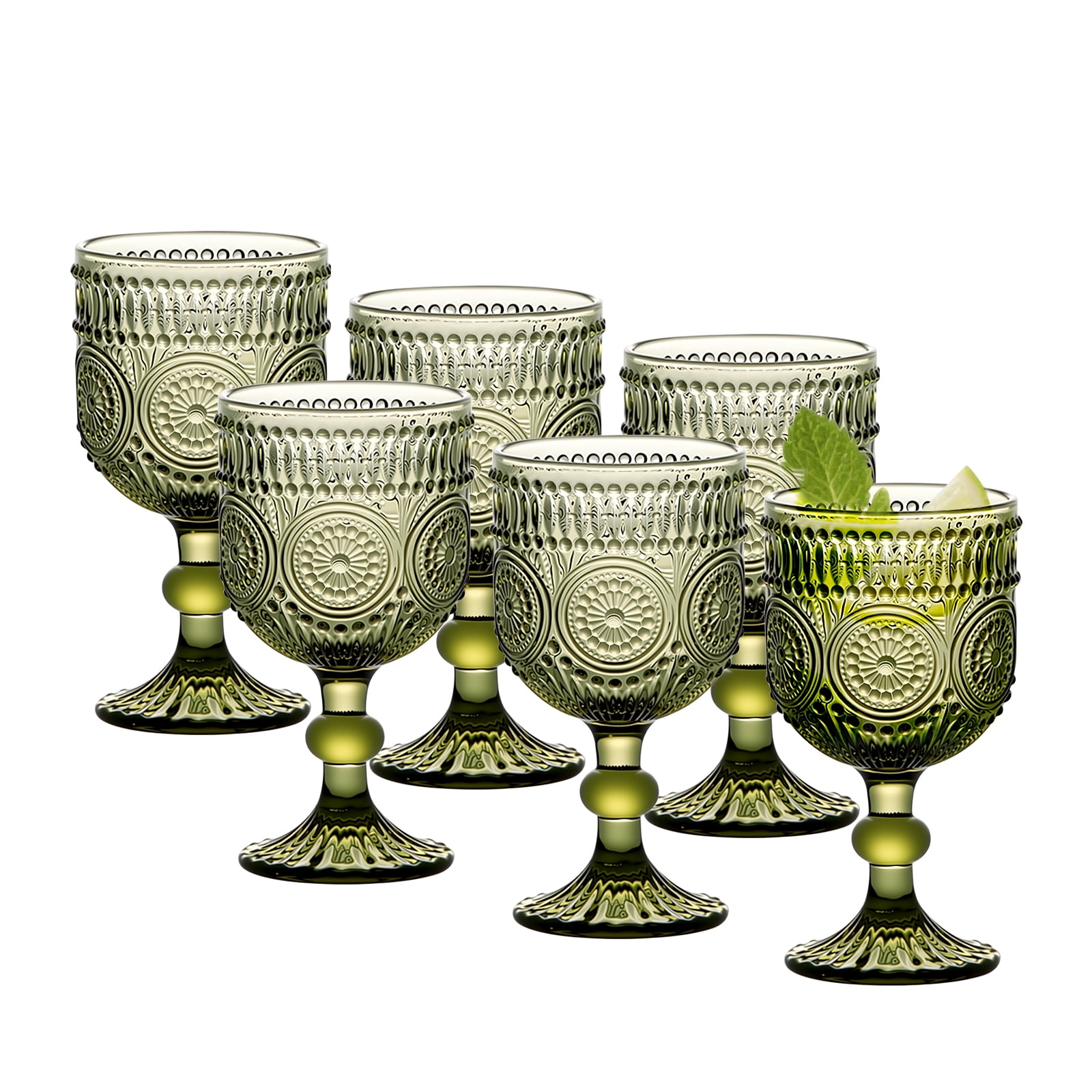 10 Oz Glass Wine Glasses, Set of 6 Stemmed Small Wine Glasses, 300ml Vintage Sunflower Cups, Green