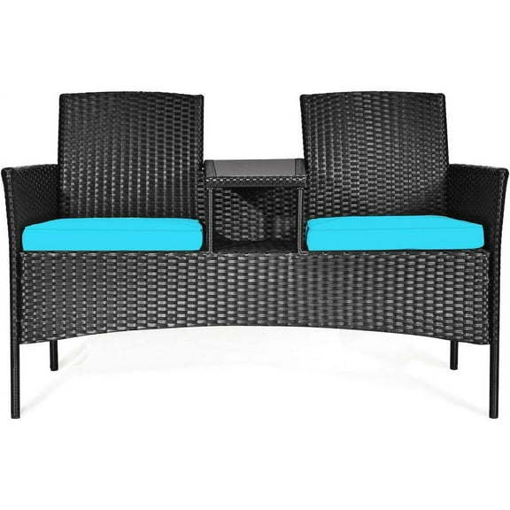 RELAX4LIFE Conversation Furniture Set with Table and Two Removable Cushions Rattan Wicker Chairs and Table Set for Patio,Garden, Baloney and Lawn Outdoor Porch Furniture Sets Loveseat (Black Blue)