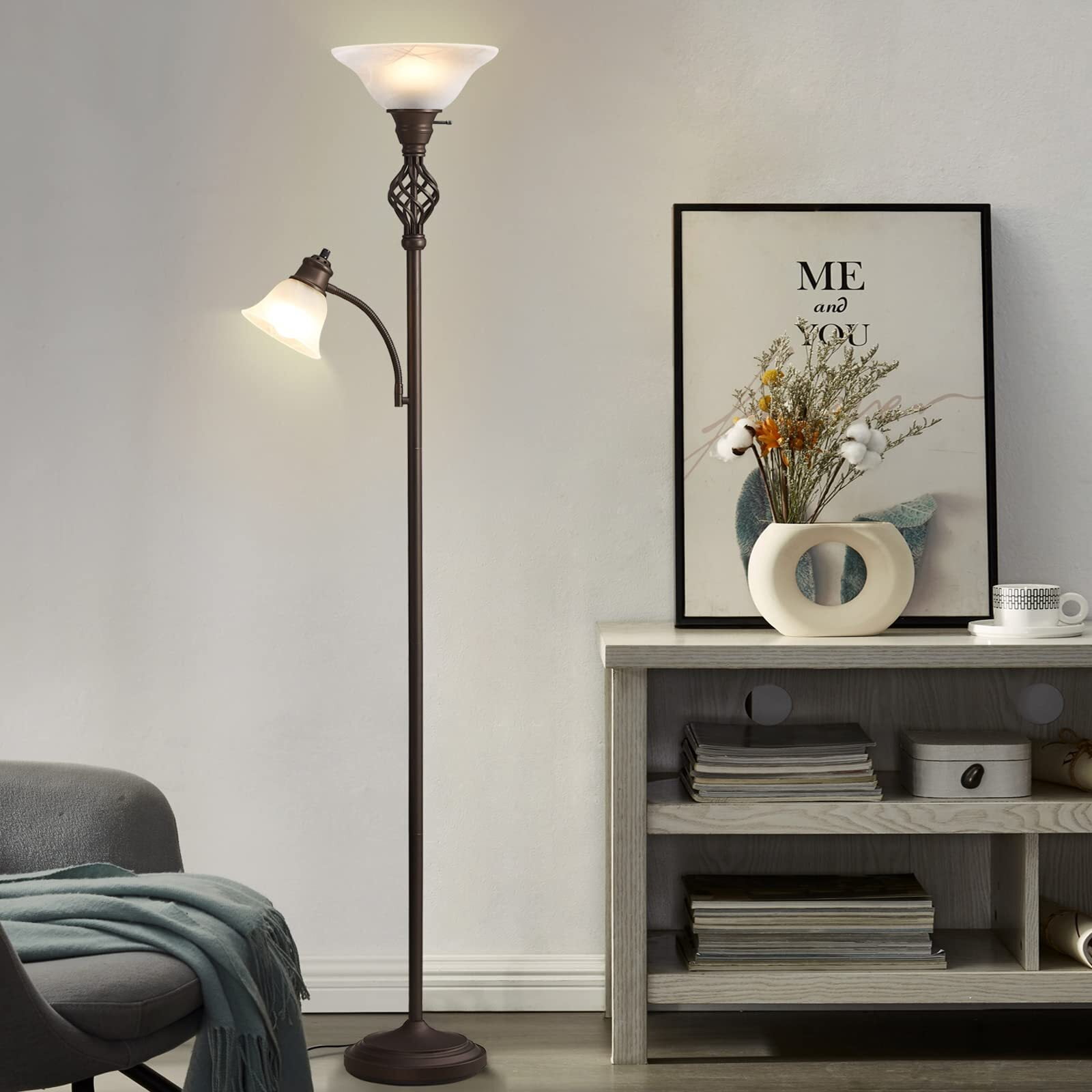 NATYSWAN Torchiere Floor Lamp for Living Room, LED Standing Reading Light for Bedroom with Glass Shade for Living Room Corner Bedroom Home Office, Bulbs Included